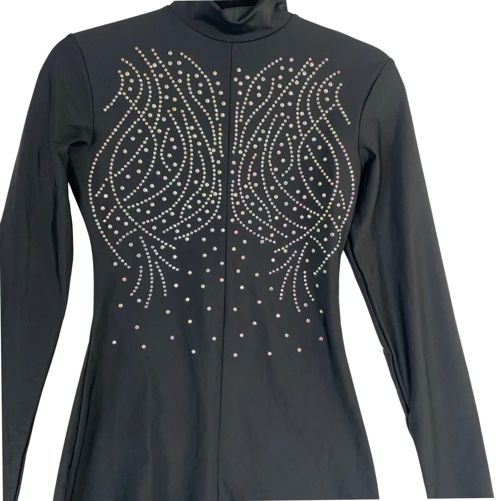 Alexandra Collection Leotard Women's Large Black Long Sleeve Romper Rhinestone‎